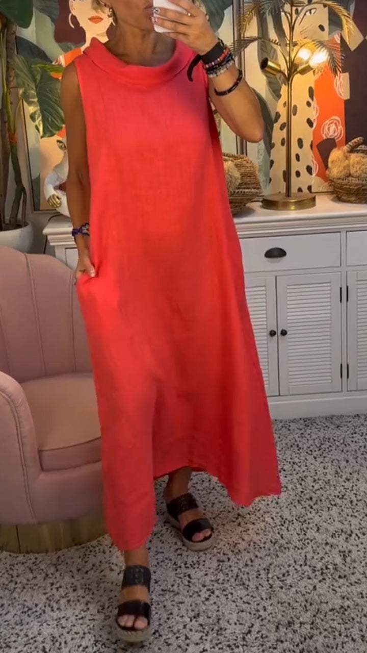 Round Neck Sleeveless Cotton and Linen Dress Orange