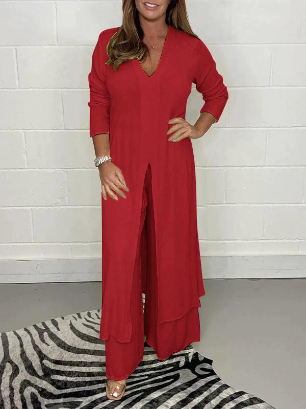 V-neck Slit Casual Two-piece Set red