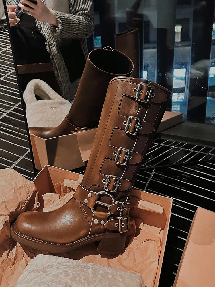 Buckle Leather Chunky Heel Biker Boots