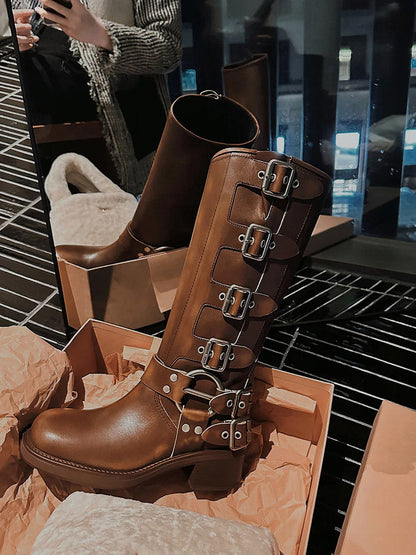 Buckle Leather Chunky Heel Biker Boots