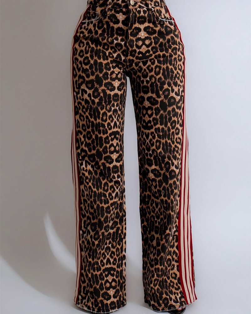 High-Waisted Leopard Print Casual Pants