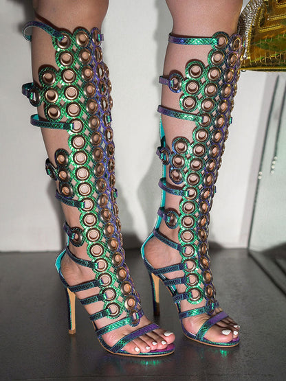 Grommet Knee-High Heels
