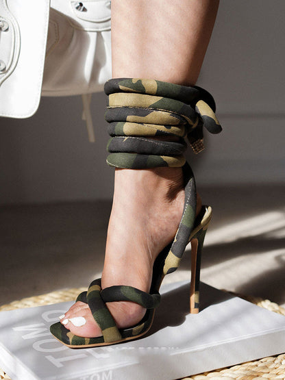 Cross Puffy Strap Heeled Sandals