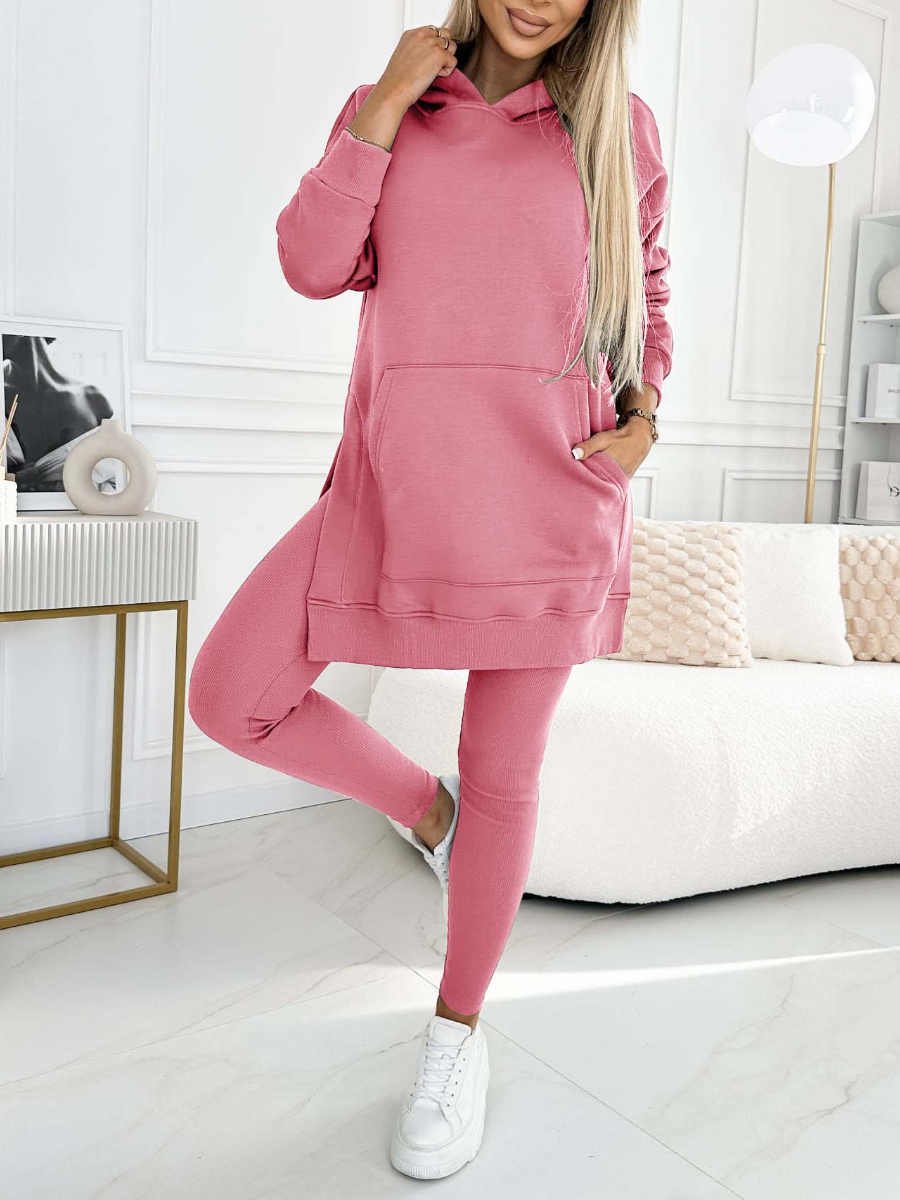 (S-5XL) Plus Size Women's Fashion Solid Color Hoodie and Lined Leggings two-piece set TOP+PANTS Pink