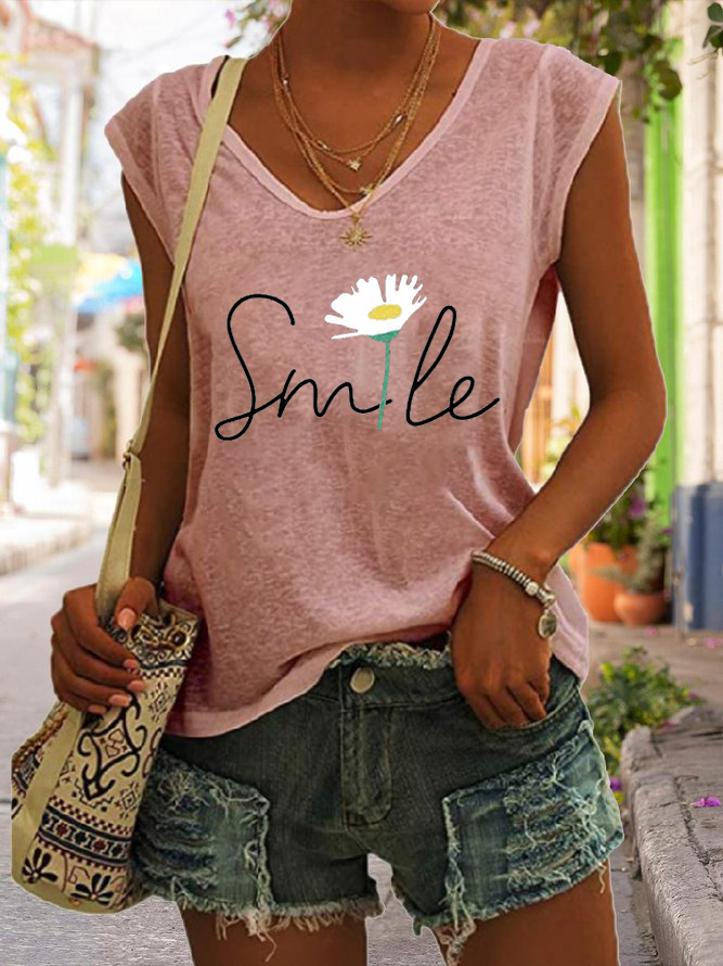 Women's Smile Flower Print Tank Top Pink