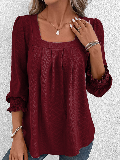 Jacquard Plain Square Neck Loose Casual Long Sleeve T-Shirt Wine Red