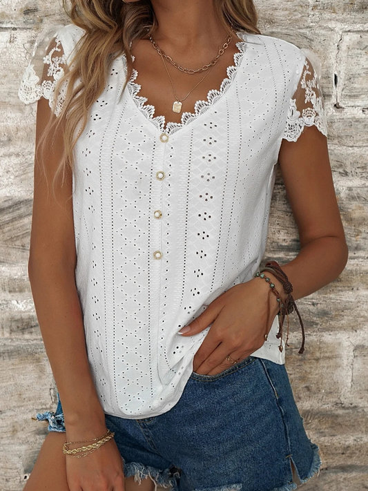 Casual V Neck Linen Lace Breathable T-Shirt Buttoned White Casual T-Shirt White