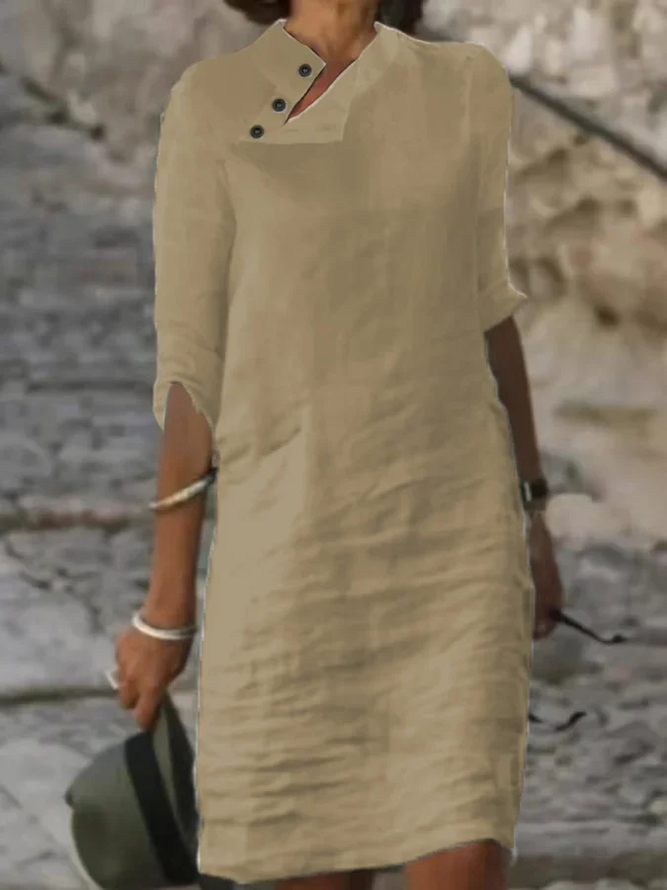 Plain Linen Cotton And Linen V Neck Dress Khaki