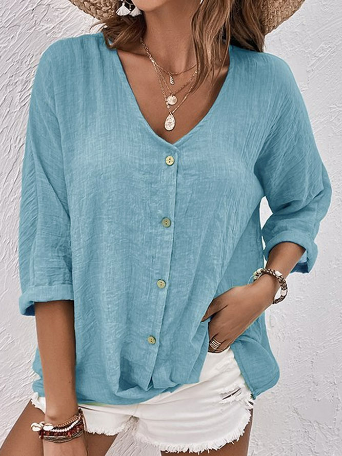 V Neck Cotton-Blend Linen Plain Blouse Blue