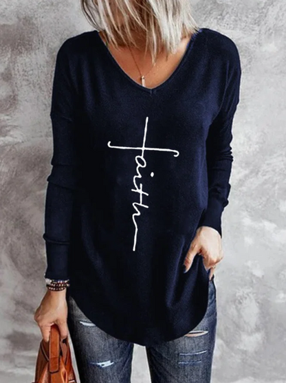 Vintage Faith Letter Printed Long Sleeve V Neck Plus Size Casual Tops Purplish blue