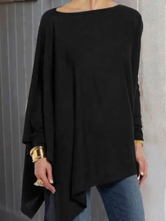 Women Vintage Round Neck Long Sleeve Cotton-Blend T-shirt Black