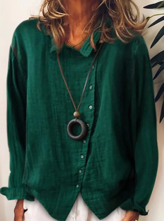 Casual Shirt Collar Long Sleeve Tops Green