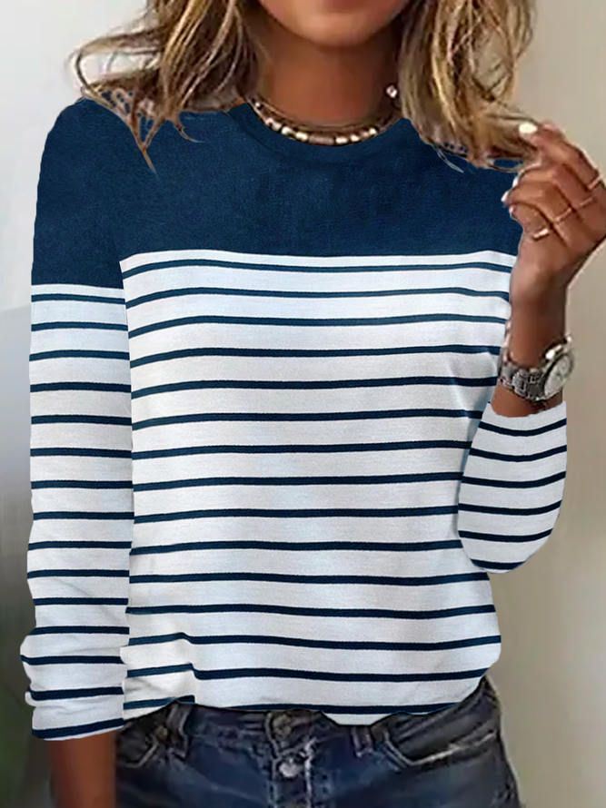 Crew Neck Striped Casual T-Shirt Blue