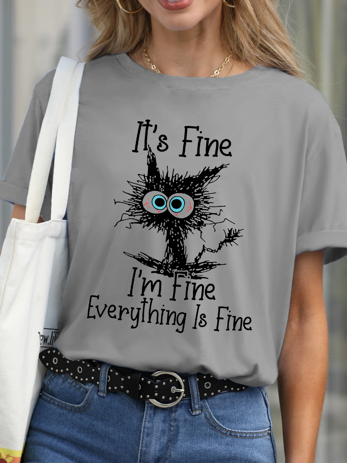 I Am Fine Everything Is Fine Slogan T-Shirt Cat Cotton Short Sleeve Crew Neck Shirt Top Gray