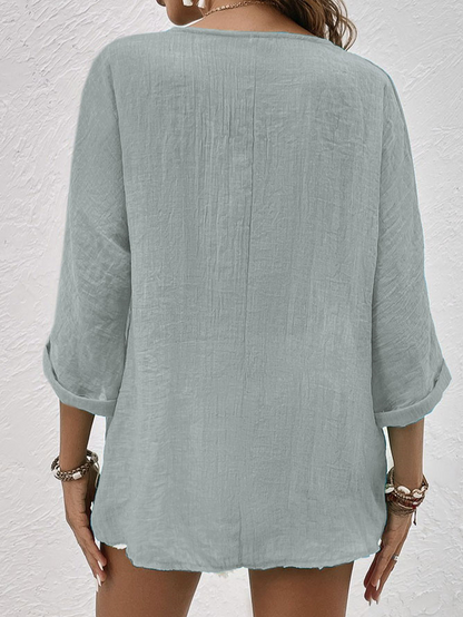 V Neck Cotton-Blend Linen Plain Blouse