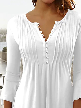 White V Neck Buttoned Basic Casual Plain Ruched Tunic Top