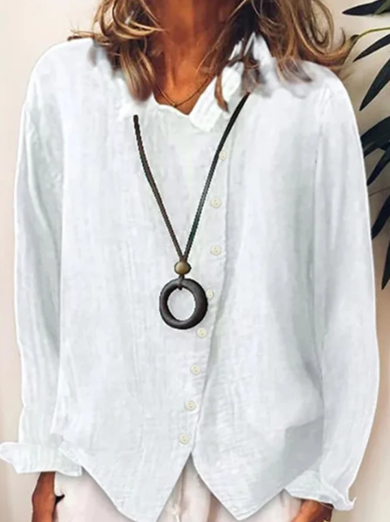 Casual Shirt Collar Long Sleeve Tops White