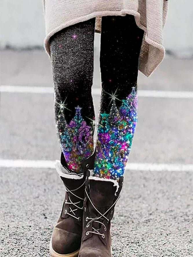 Women's Christmas Tree Glitter Print Leggings black.