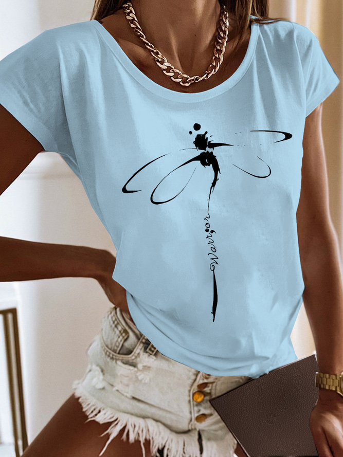 Casual Jersey Dragonfly Loose T-Shirt Blue