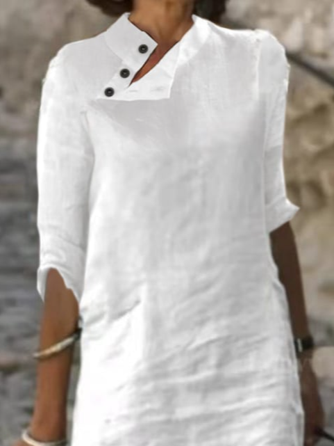 Plain Linen Cotton And Linen V Neck Dress