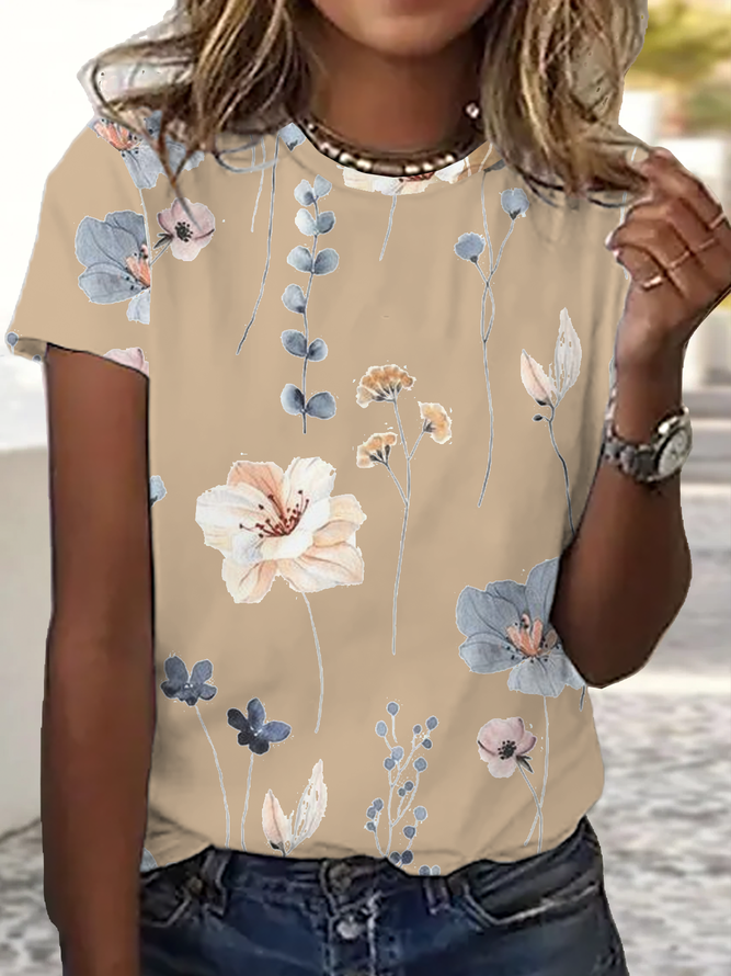 Jersey Loose Floral Casual T-Shirt Khaki