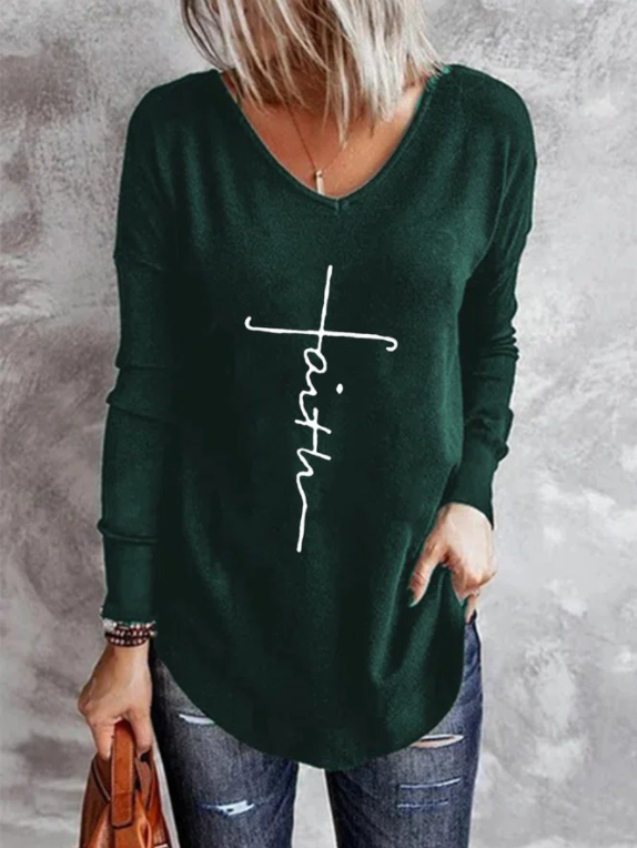 Vintage Faith Letter Printed Long Sleeve V Neck Plus Size Casual Tops Green