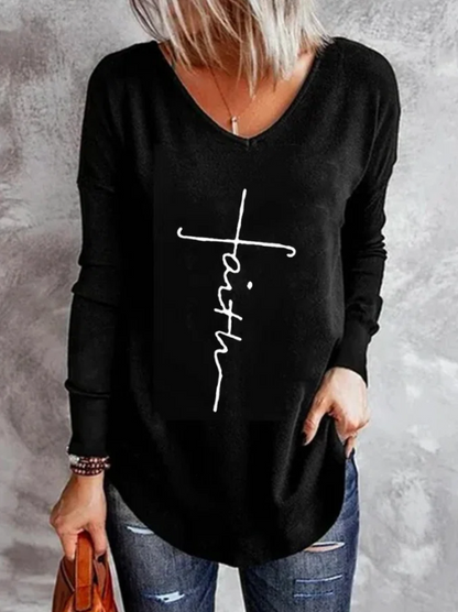 Vintage Faith Letter Printed Long Sleeve V Neck Plus Size Casual Tops Black