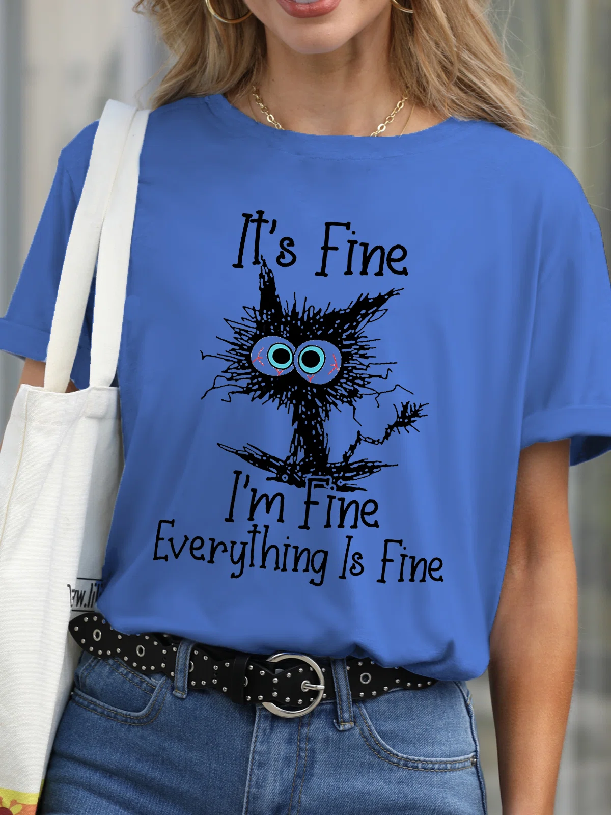 I Am Fine Everything Is Fine Slogan T-Shirt Cat Cotton Short Sleeve Crew Neck Shirt Top Blue