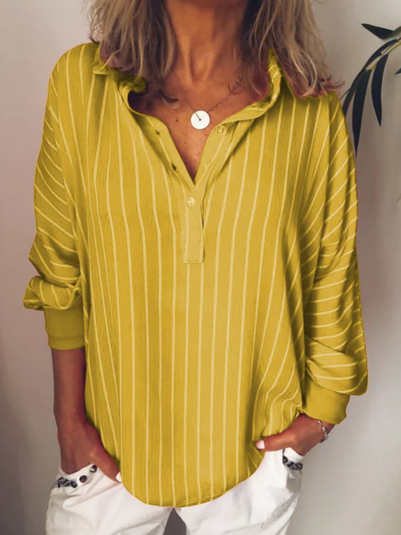 Long Sleeve Casual Stripes Printed Blouses&shirts Yellow