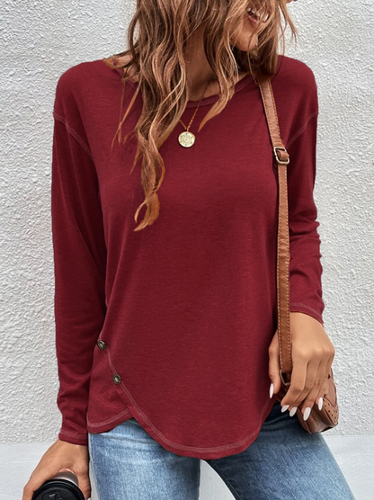 Plain Long Sleeve Casual T-Shirt Wine Red