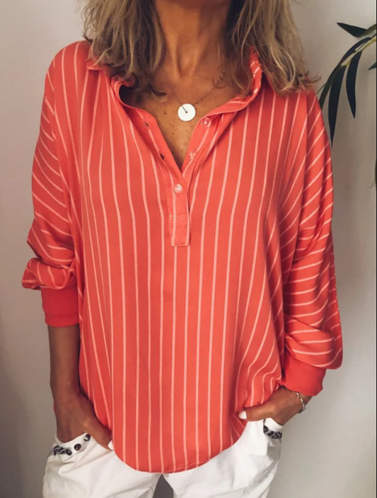 Long Sleeve Casual Stripes Printed Blouses&shirts Red