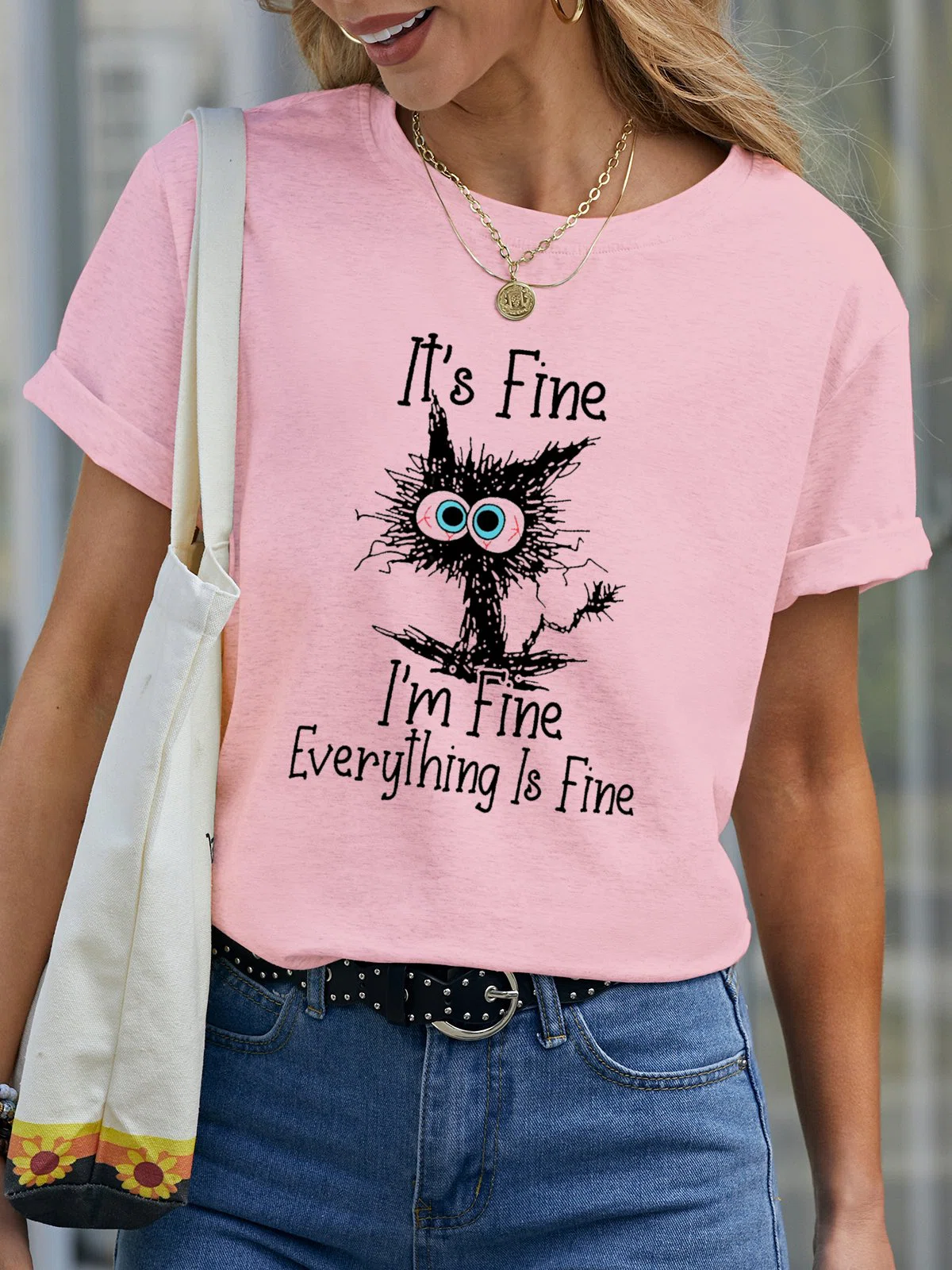 I Am Fine Everything Is Fine Slogan T-Shirt Cat Cotton Short Sleeve Crew Neck Shirt Top Pink