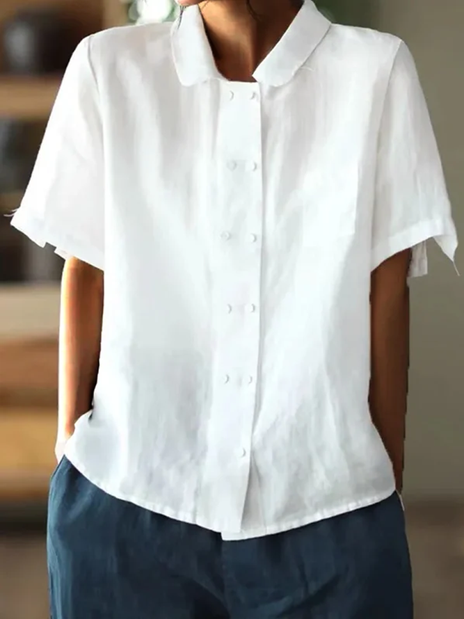 Women Loose Button Down Plain Cotton Linen Short Sleeve Blouse White