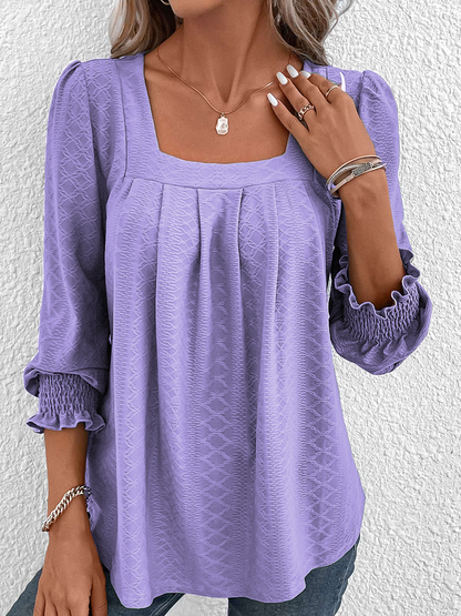 Jacquard Plain Square Neck Loose Casual Long Sleeve T-Shirt Purple