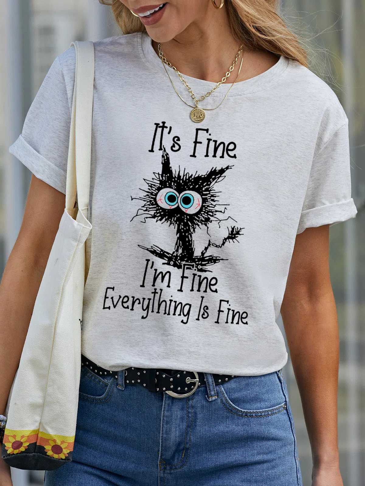 I Am Fine Everything Is Fine Slogan T-Shirt Cat Cotton Short Sleeve Crew Neck Shirt Top White