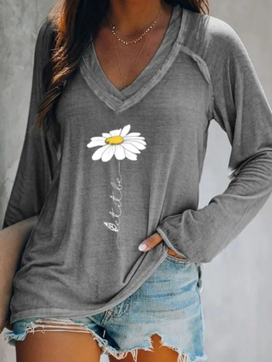 V Neck Printed Long Sleeve Casual T-shirt Grey