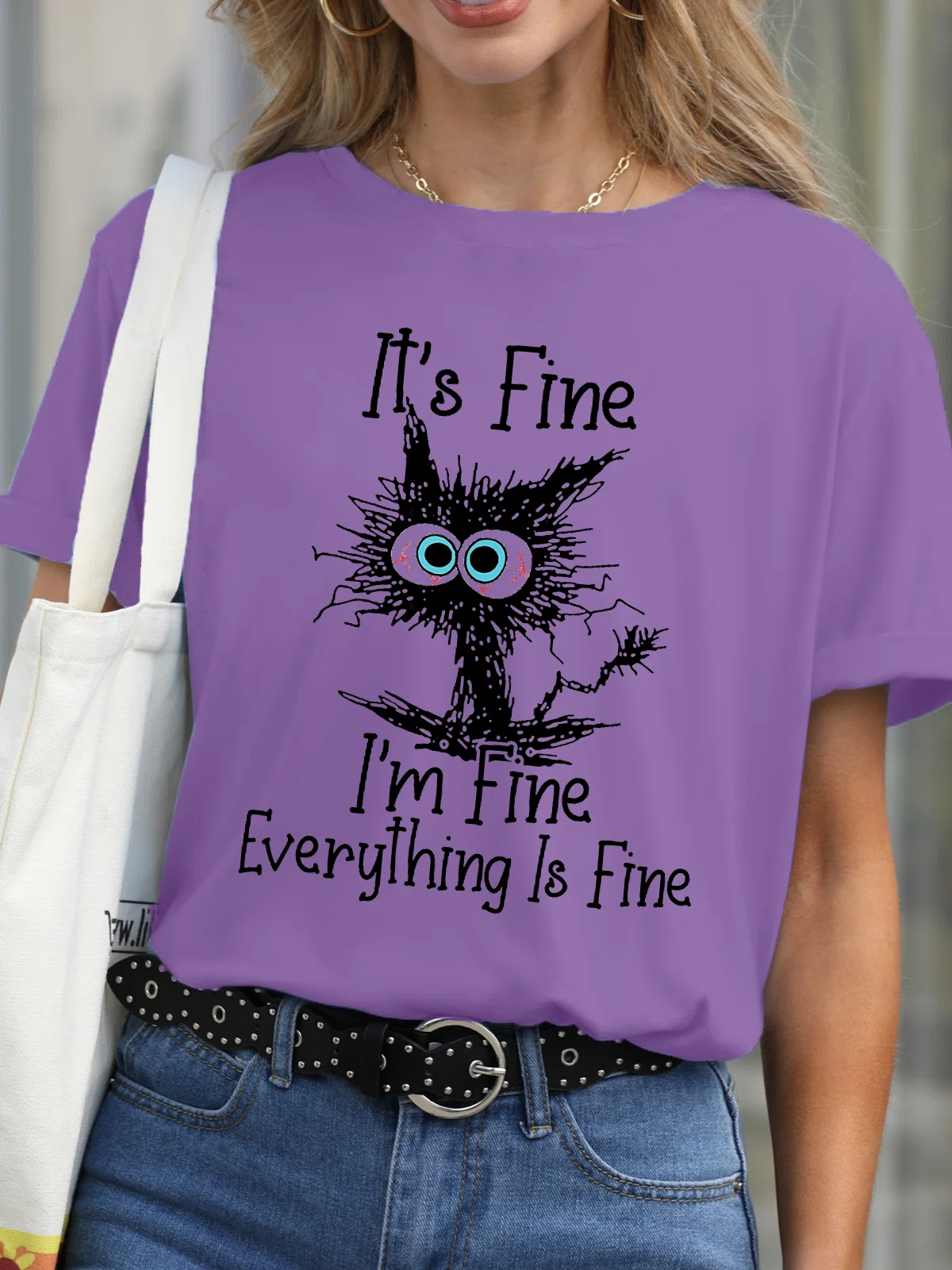 I Am Fine Everything Is Fine Slogan T-Shirt Cat Cotton Short Sleeve Crew Neck Shirt Top Purple