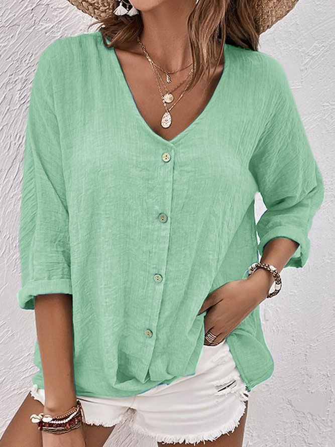 V Neck Cotton-Blend Linen Plain Blouse Green