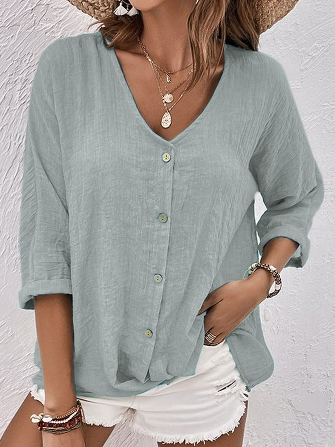 V Neck Cotton-Blend Linen Plain Blouse Grey