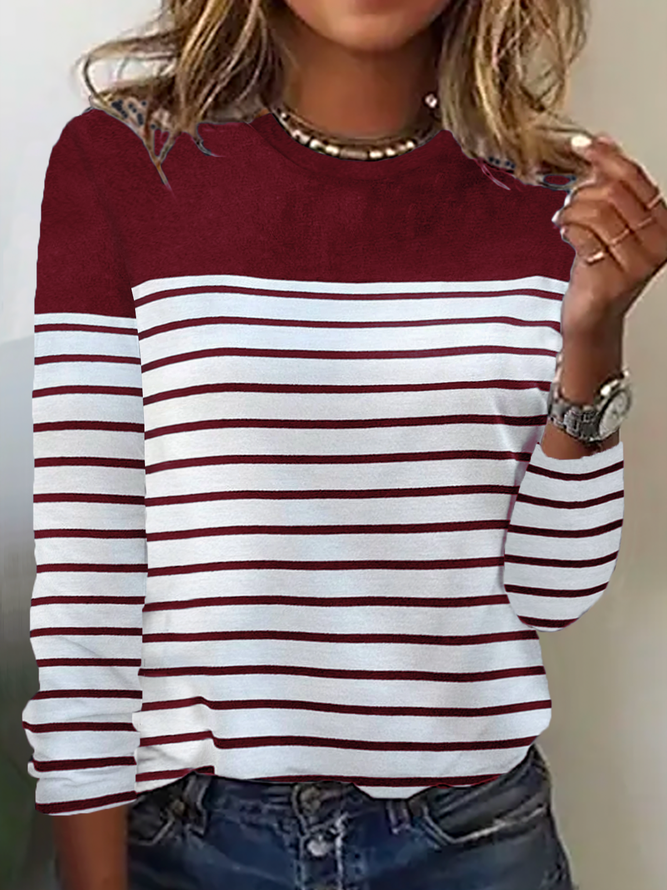 Crew Neck Striped Casual T-Shirt Red