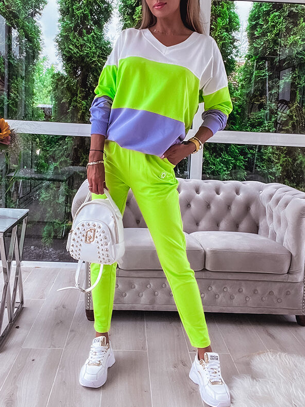 Women's Fashion Color Block Sweatshirt and Pants Suit Fluorescent Green