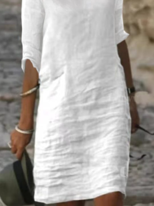 Plain Linen Cotton And Linen V Neck Dress