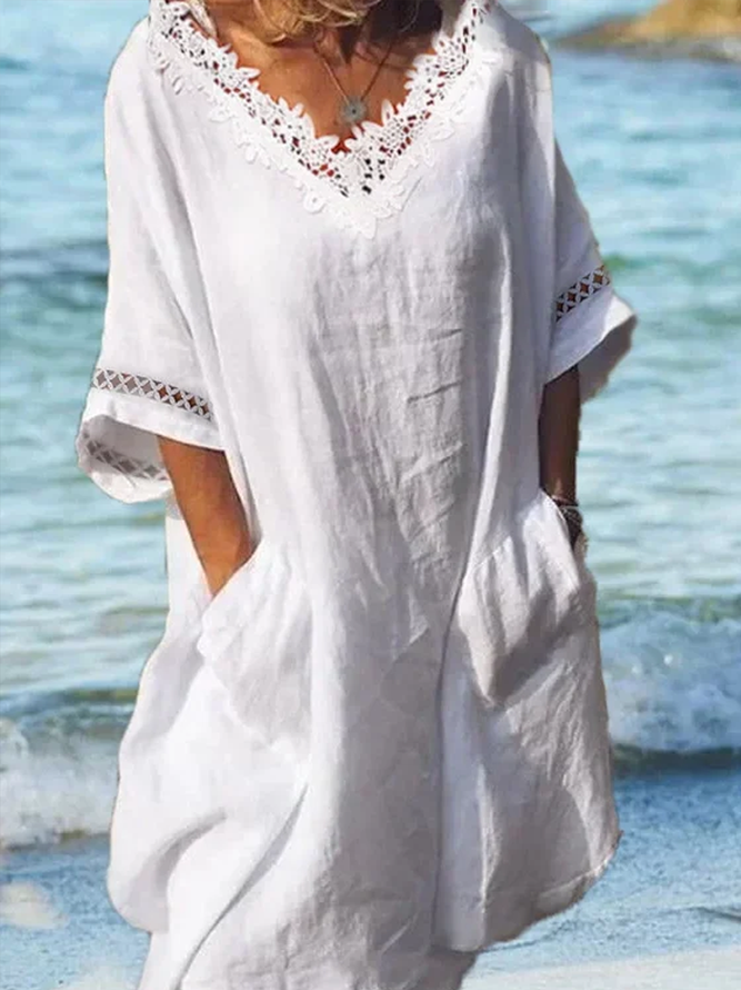 Women's Lace Hollow V Neck Beach Cotton Linen Dress White