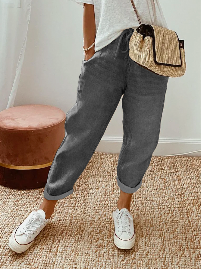 Plain Casual Ripped Pants Grey