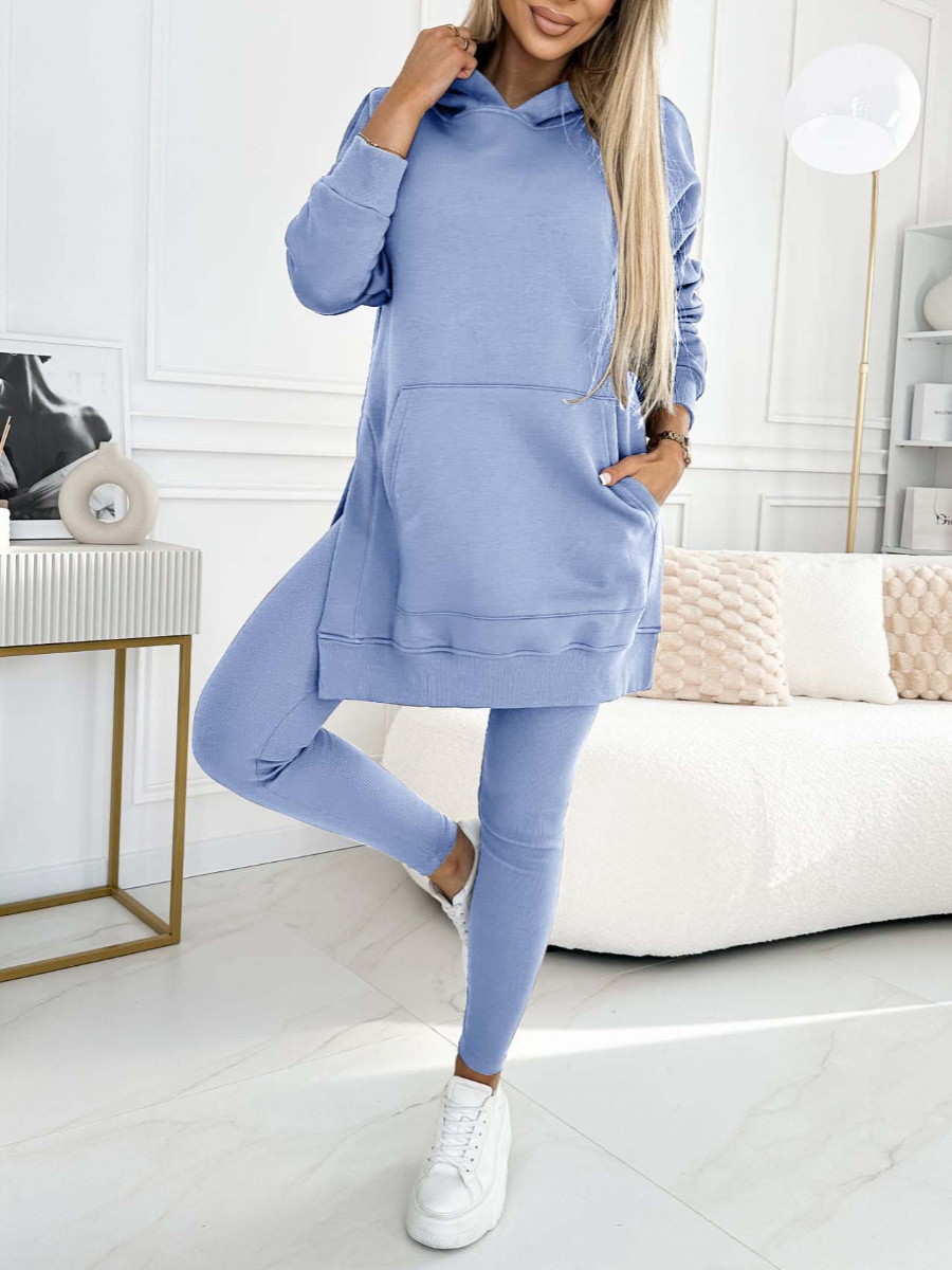 (S-5XL) Plus Size Women's Fashion Solid Color Hoodie and Lined Leggings two-piece set TOP+PANTS Blue