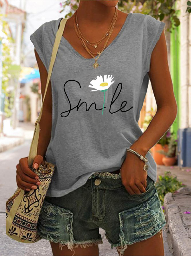 Women's Smile Flower Print Tank Top Grey