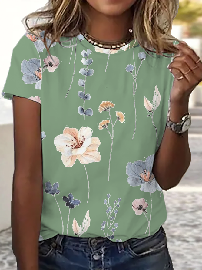 Jersey Loose Floral Casual T-Shirt Green