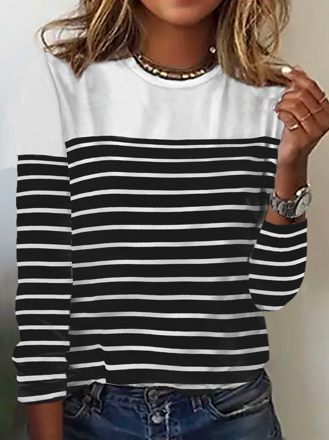 Crew Neck Striped Casual T-Shirt White