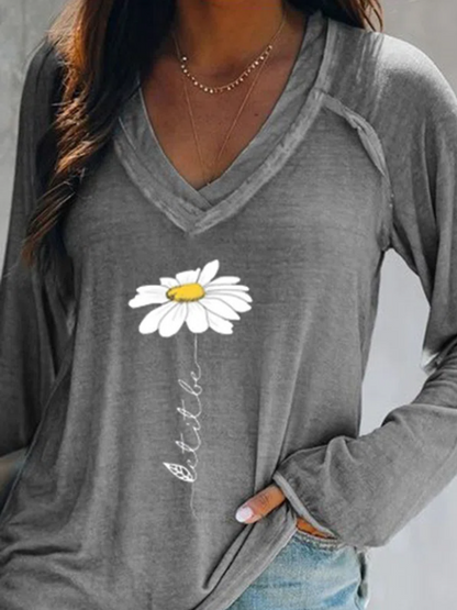 V Neck Printed Long Sleeve Casual T-shirt