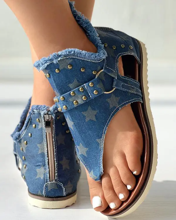 Star Print Studded Fringe Hem Sandals Blue